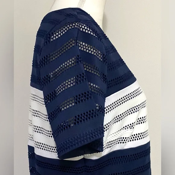 Beige by ECI Womens L Navy Blue White Stripe Short Sleeve Straight Dress Classic - Picture 7 of 12